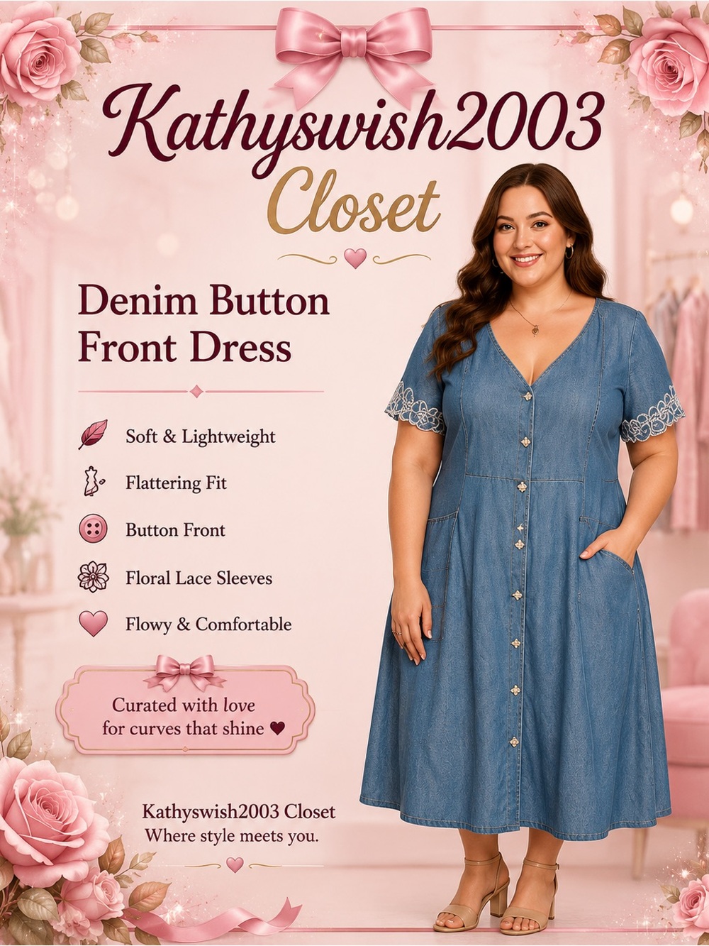 Light Blue Denim Maxi Dress with Lace-Trim Sleeves